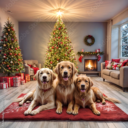 Christmas celebration with Christmas tree, dogs, gifts in a calm family atmosphere.