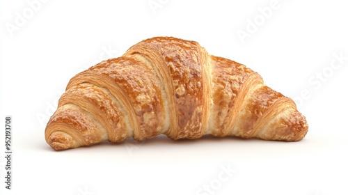 A detailed 3D render of a croissant with a glossy surface, slightly golden and crispy, isolated on a white background