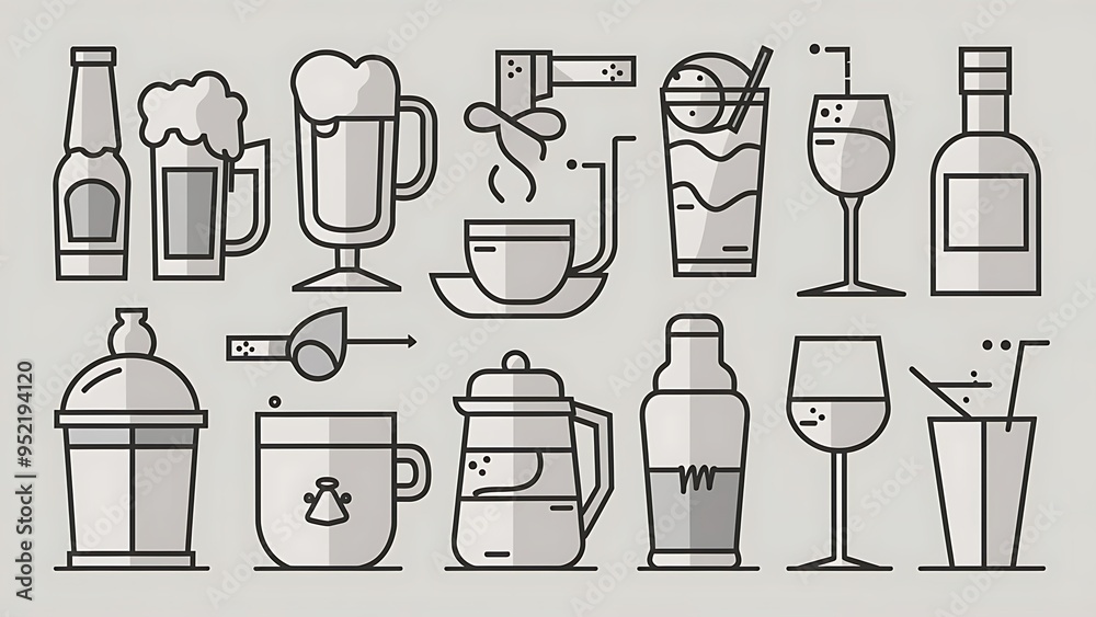 Beer, coffee and tea icons. Beer, wine and cocktail signs. Soft and alcohol drinks symbols. Classic simple flat icons. Vector Beer, coffee and tea icons. Beer, wine and cocktail signs. Soft and alcohol drinks symbols. Classic simple flat icons. Vector