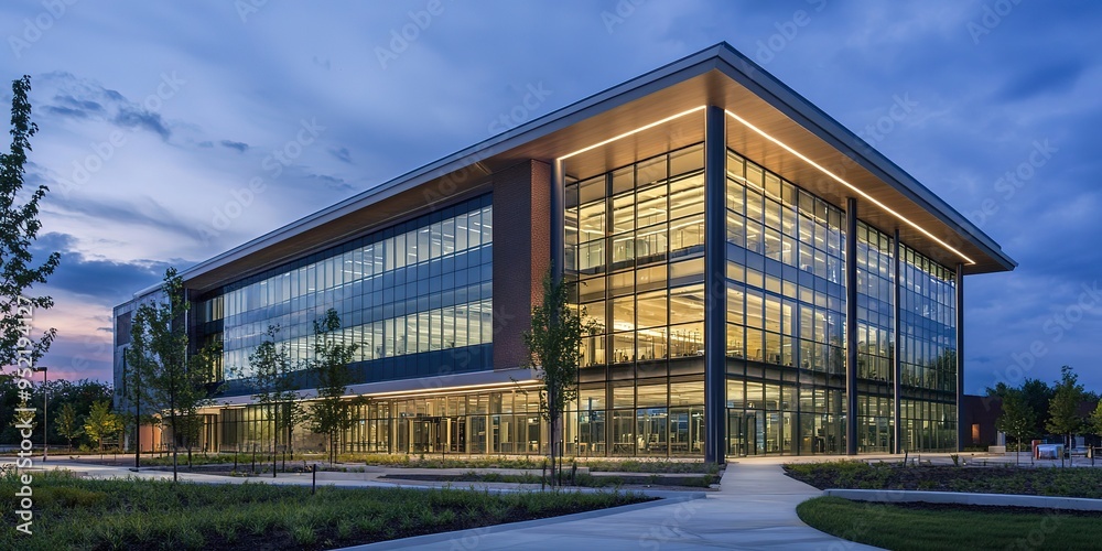 Obraz premium A contemporary corporate building with modern architectural design, serving as a versatile facility for universities, school