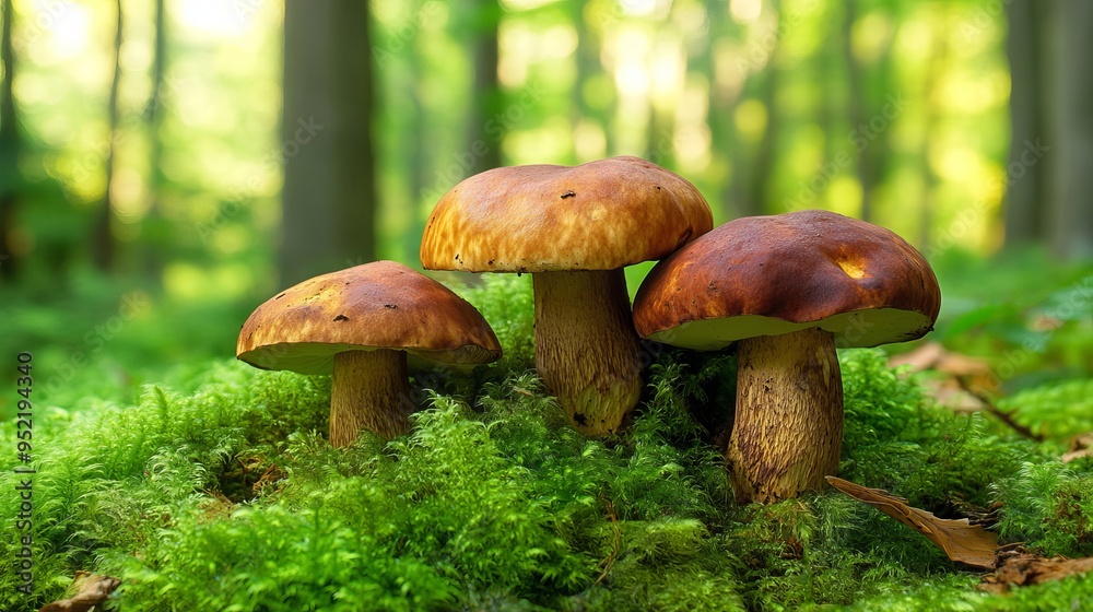 A tranquil scene of boletus mushrooms flourishing amidst the lush green moss in an ancient, enchanted forest A tranquil scene of boletus mushrooms flourishing amidst the lush green moss in an ancient, enchanted forest