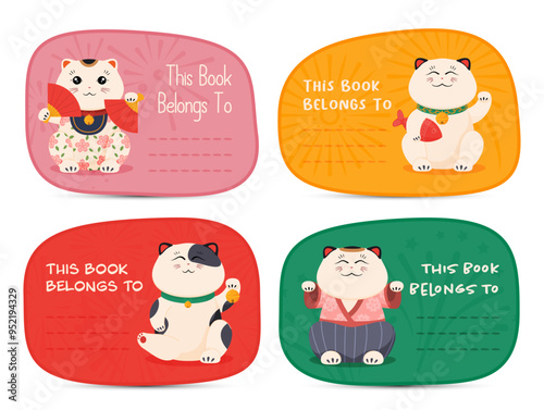 Cute and colorful book ownership labels featuring adorable cats in various outfits and styles for children and adults alike