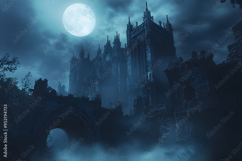 Fototapeta premium Imposing Gothic Castle Shrouded in Moonlit Mist and Mystery