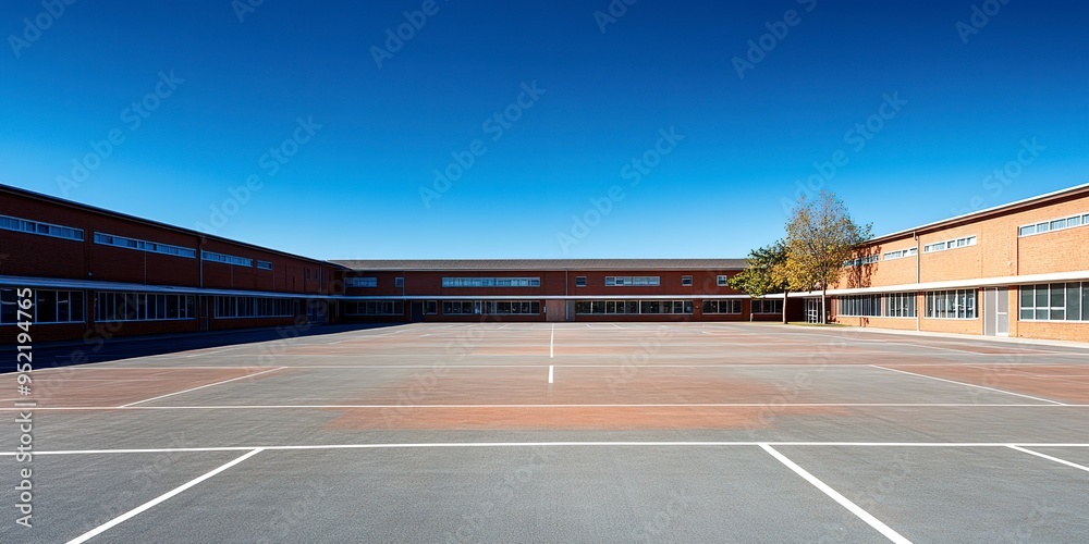 The architectural lines of an empty schoolyard under a clear blue sky, highlighting the structure and calmness of an academic environment. The architectural lines of an empty schoolyard under a clear blue sky, highlighting the structure and calmness of an academic environment.
