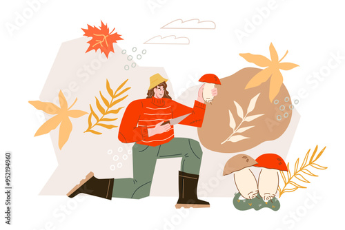 Mushroom picker in the forest collects edible mushrooms. Girl collects boletus mushrooms, flat cartoon vector illustration isolated on white background.