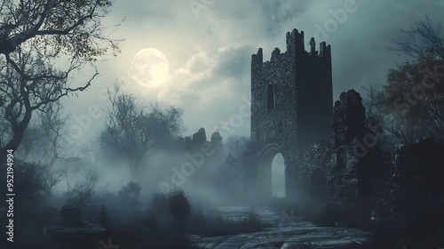 Haunting Gothic Castle Looming in Moonlit Misty Landscape photo