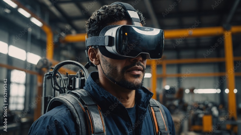 A man is wearing virtual reality goggles in an industrial setting A man is wearing virtual reality goggles in an industrial setting