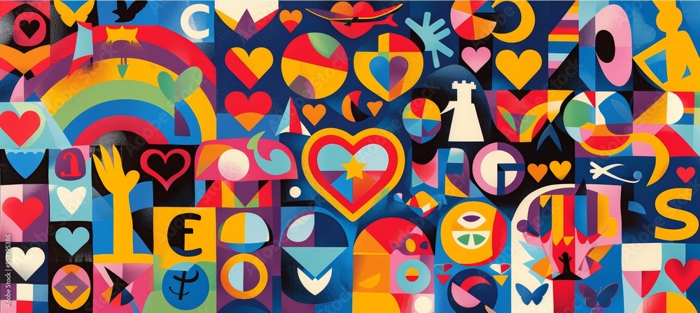 Vivid LGBTQ+ Symbol Collage with Pride Flags, Hearts, and Peace Signs for Love and Acceptance Vivid LGBTQ+ Symbol Collage with Pride Flags, Hearts, and Peace Signs for Love and Acceptance