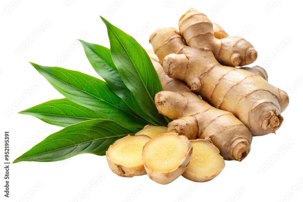 Fresh ginger root with green leaves isolated on a white background Fresh ginger root with green leaves isolated on a white background