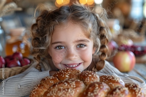 Jewish Child eating Rosh Hashanah challah bread, a family around a table with apples, honey, and pomegranates. Traditional Jewish food, Rosh Hashanah apples in honey. Shana Tova, Happy Jewish New Year