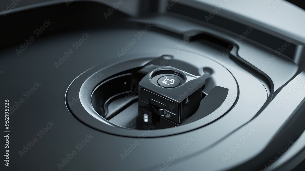 A cleaning robotas dustbin latch, with focus on the opening mechanism and sealing gasket. A cleaning robotas dustbin latch, with focus on the opening mechanism and sealing gasket.