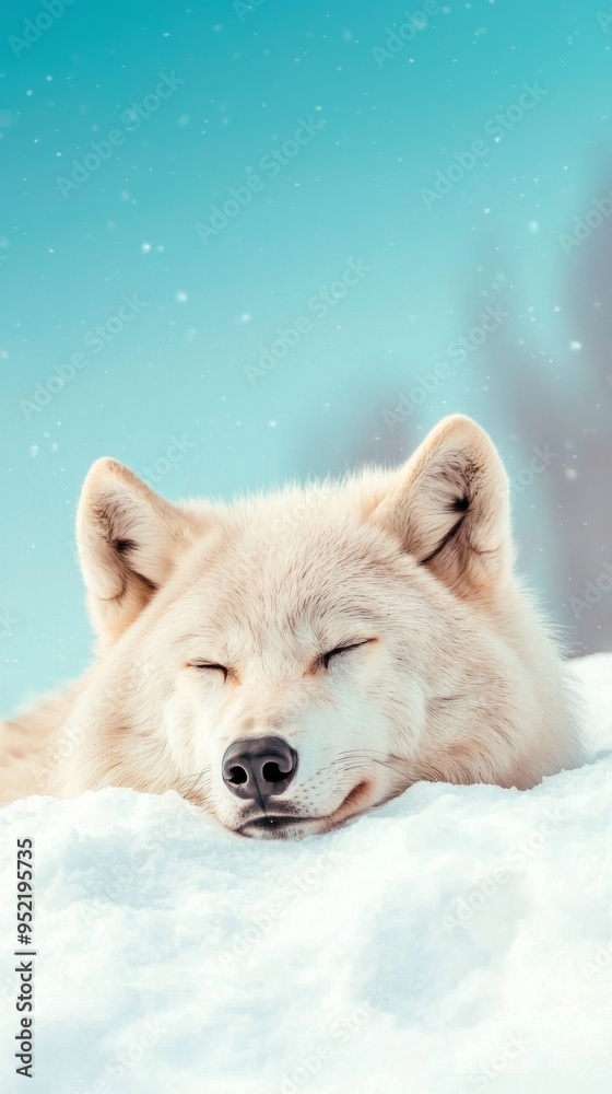 Obraz premium A peaceful white wolf resting on fresh snow, surrounded by a serene winter landscape under a clear blue sky.