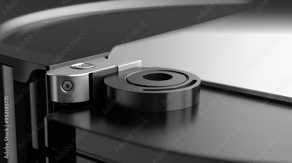 A cleaning robotas dustbin latch, with focus on the opening mechanism and sealing gasket. A cleaning robotas dustbin latch, with focus on the opening mechanism and sealing gasket.