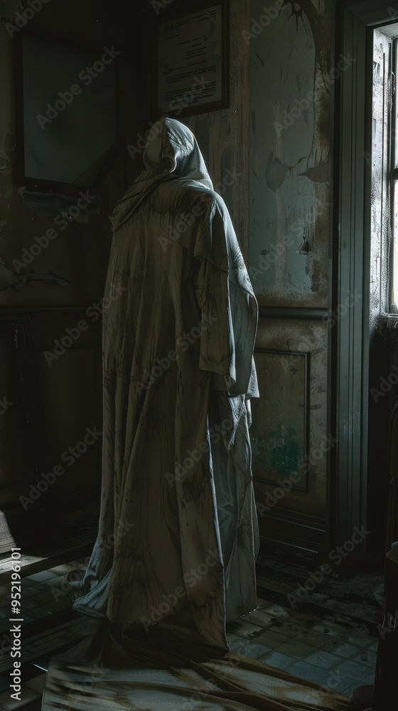 Naklejka premium A mysterious figure in a white cloak stands silently in a dimly lit, decaying room with a broken window and peeling walls.