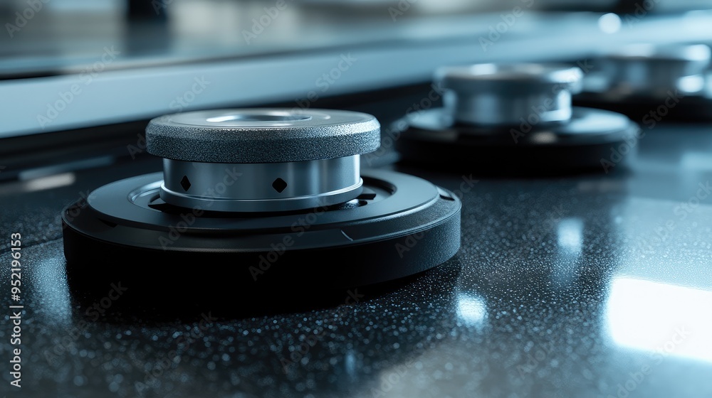 A cleaning robotas navigation wheels, with focus on the rotation bearings and rubberized surface. A cleaning robotas navigation wheels, with focus on the rotation bearings and rubberized surface.