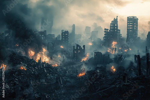 A City Reduced to Ashes: A haunting reminder of destruction and loss, the skeletal remains of buildings rise from a sea of fire and smoke.