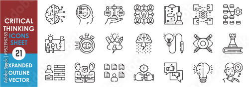 A set of line icons related to Critical Thinking. Brainstorm, tasks, creative, balance, workflow, strategy, time management, vision, and so on. Vector outline icons set.