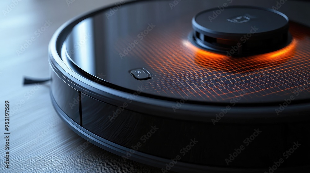 A close-up of a cleaning robotas dust sensor, focusing on the sensor window and detection grid. A close-up of a cleaning robotas dust sensor, focusing on the sensor window and detection grid.