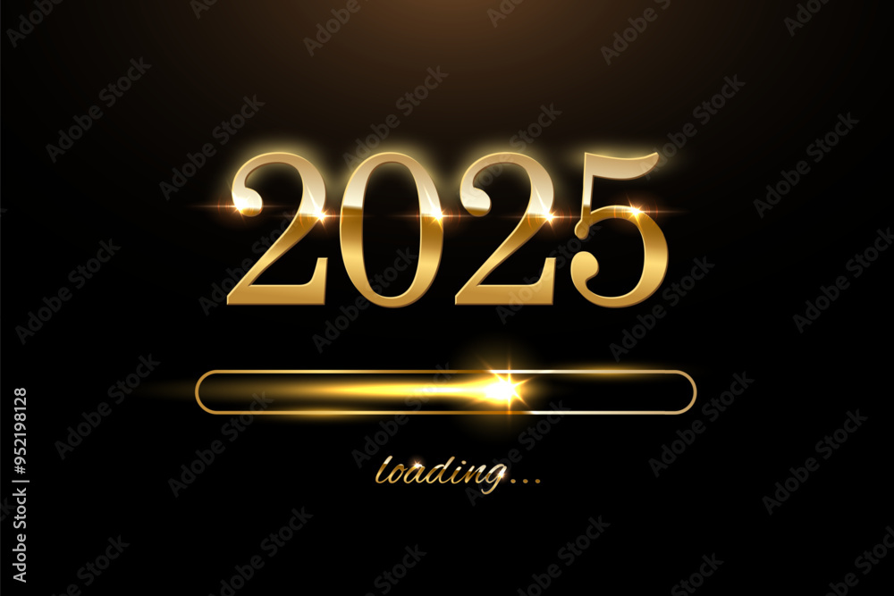 2025 New Year golden loading bar with flash star vector illustration. Year progress, Christmas party countdown, download screen. Invitation card, banner, event, holiday. 2025 New Year golden loading bar with flash star vector illustration. Year progress, Christmas party countdown, download screen. Invitation card, banner, event, holiday.