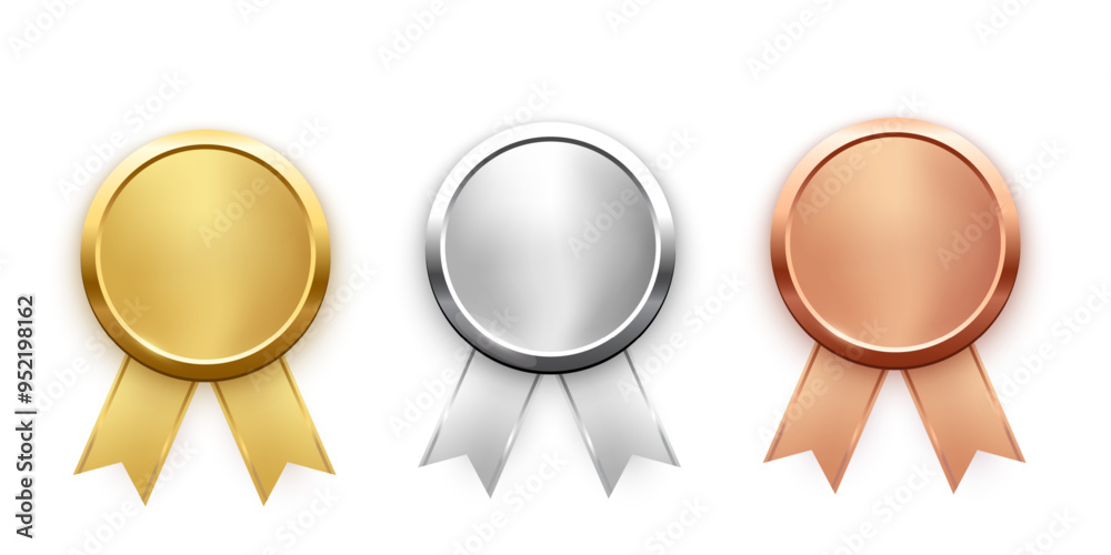 Medals for first, second, third place with ribbons. Gold, silver and ...