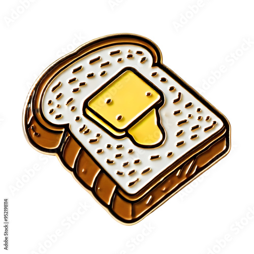 A detailed enamel pin featuring a slice of bread with butter. The bread is depicted with a golden-brown crust and a soft interior, topped with a pat of butter. Isolated on transparent background, PNG. photo