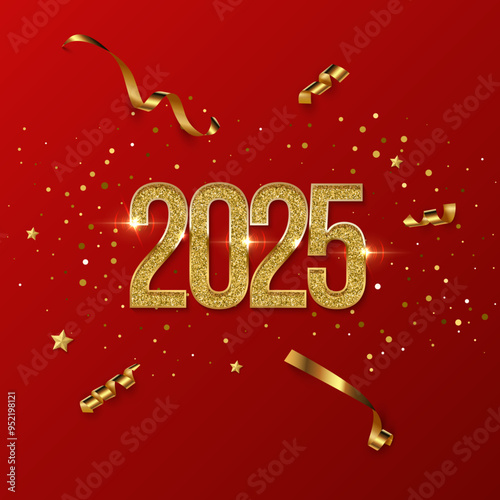 2025 Happy New Year greeting card vector template. Festive Christmas square social media banner design with congratulations. Golden numbers with confetti realistic illustration on red background.