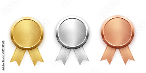 Medals for first, second, third place with ribbons. Gold, silver and bronze ranks on white background. Award nomination. Championship in sport or movie vector illustration.