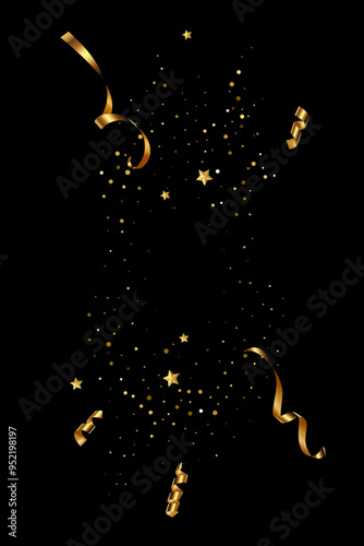 Gold confetti birthday background. Golden ribbons, stars and confetti party pattern. Congratulations black vertical banner with copyspace. Gift elegant vector illustration.
