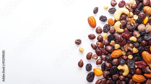 Raisin grain and a variety of nuts closeup view