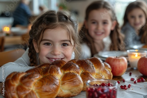 Jewish Child eating Rosh Hashanah challah bread on a plain minimalist background, a family around a table with apples, honey, and pomegranates, smiling and celebrating Rosh Hashanah
