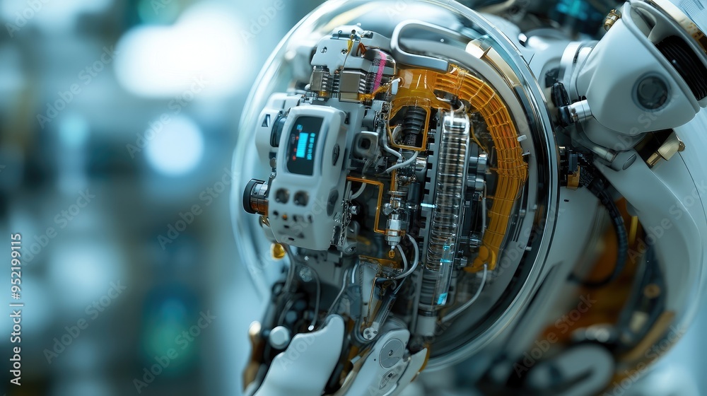 A close-up of a robot's artificial pancreas, with focus on the insulin pumps and regulation mechanisms.