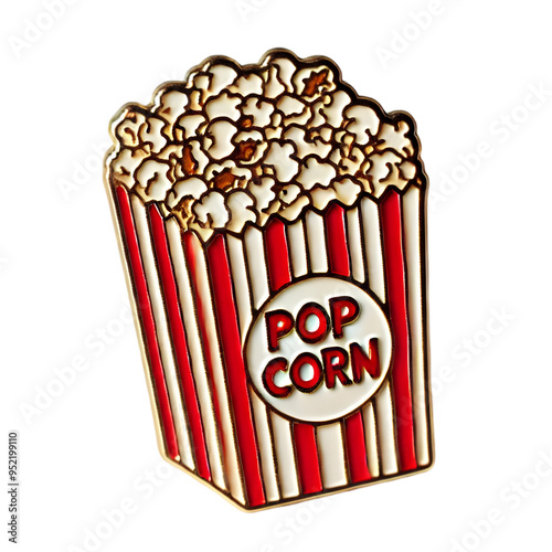 A detailed enamel pin featuring vintage-style movie popcorn in a bag. The popcorn is depicted in a classic red and white striped bag, with the fluffy, buttery popcorn spilling out. Isolated PNG