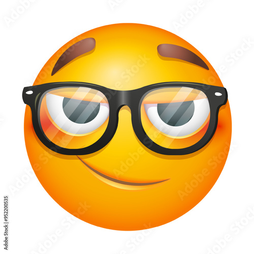 Cunning emoji in eyeglasses. Smiling emoticon on white background. Cute emoticon