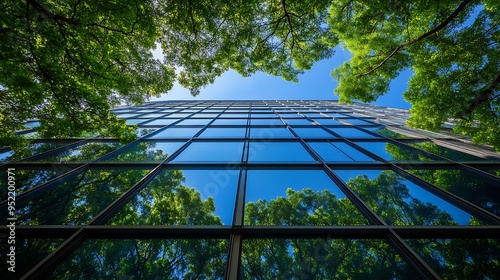 Ecofriendly building in the modern city Sustainable glass office building with tree for reducing heat and carbon dioxide Office building with green environment Corporate building reduc   Generative AI