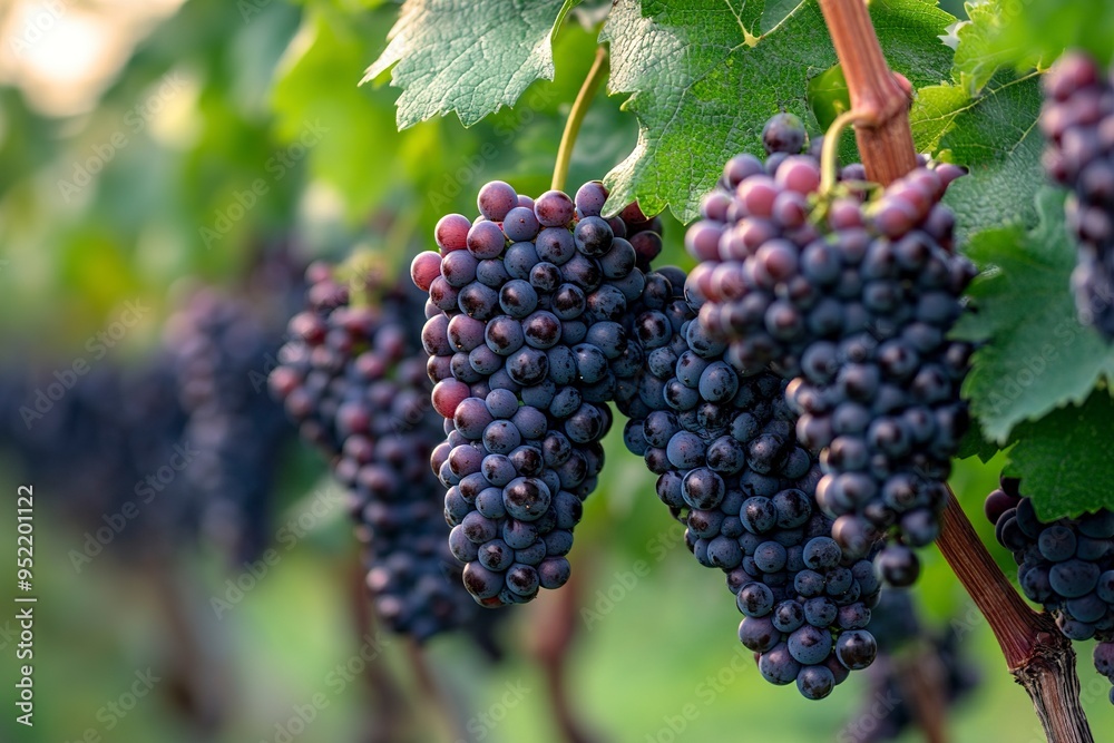 Clusters of Pinot Noir grapes hang on the vine in an Oregon vineyard to one side with soft blurred background. generative ai Clusters of Pinot Noir grapes hang on the vine in an Oregon vineyard to one side with soft blurred background. generative ai