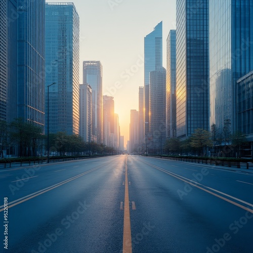 Pristine Empty Road Through Modern Cityscape at Morning Light