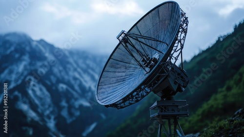 A close-up of a satellite dish in a mountainous area, with focus on the crisp details of the dish against the rugged landscape.