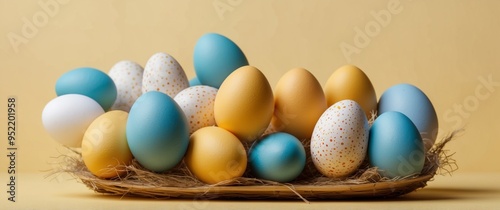 Minimal funny Easter concept with flying eggs on yellow background.