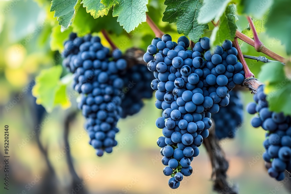 Clusters of Pinot Noir grapes hang on the vine in an Oregon vineyard to one side with soft blurred background. generative ai Clusters of Pinot Noir grapes hang on the vine in an Oregon vineyard to one side with soft blurred background. generative ai