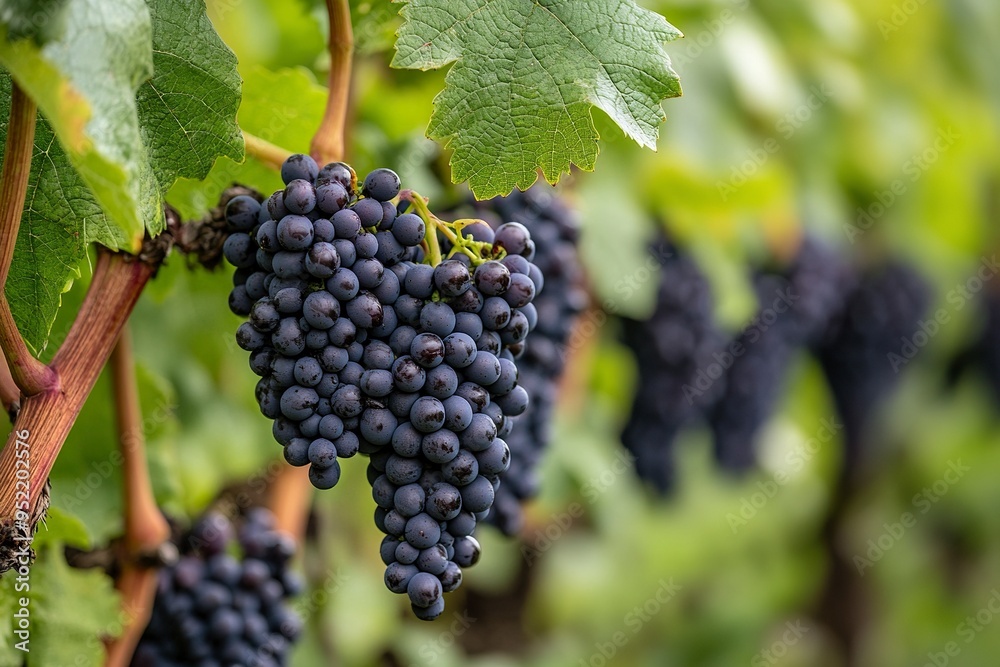 Clusters of Pinot Noir grapes hang on the vine in an Oregon vineyard to one side with soft blurred background. generative ai Clusters of Pinot Noir grapes hang on the vine in an Oregon vineyard to one side with soft blurred background. generative ai