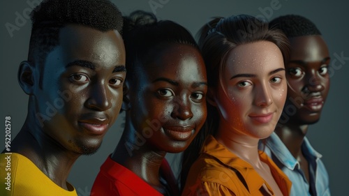 3D rendering art of group of five diverse individuals wearing casual clothes, standing against a plain background. Studio portrait photography. Unity and diversity concept for design and print. AIG53.