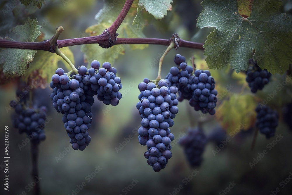 Clusters of Pinot Noir grapes hang on the vine in an Oregon vineyard to one side with soft blurred background. generative ai Clusters of Pinot Noir grapes hang on the vine in an Oregon vineyard to one side with soft blurred background. generative ai