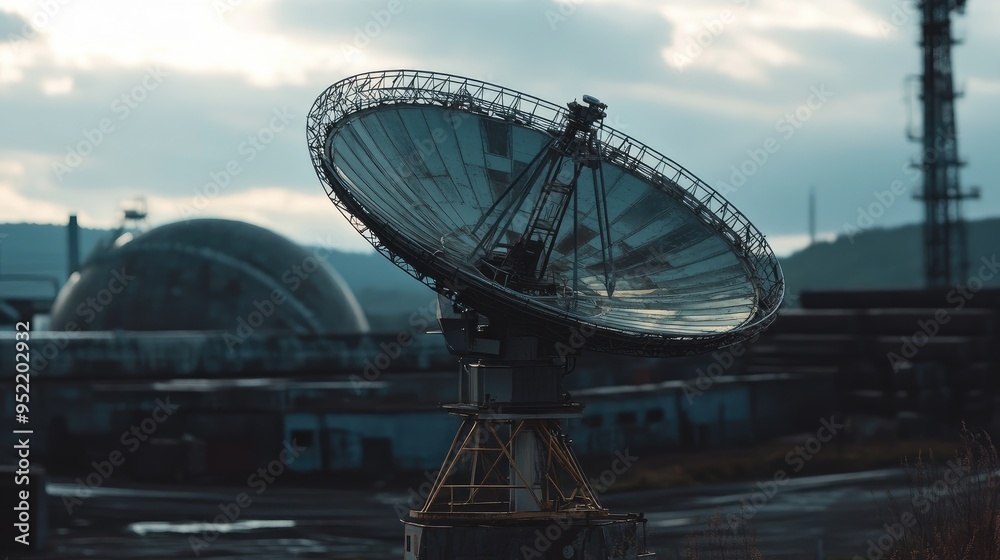 A close-up view of a satellite dish, highlighting the curved parabolic surface with a deep focus on the central feed horn.