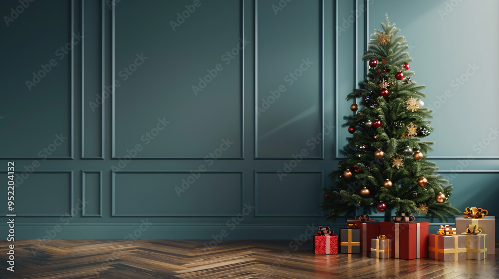 Christmas tree decorated with red and gold baubles standing in a classic living room with teal blue wall paneling Christmas tree decorated with red and gold baubles standing in a classic living room with teal blue wall paneling