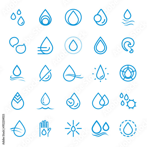 A set of water-related icons. Technical icons for water, a water logo, indication of water resistance, irrigation, rain and moisture.