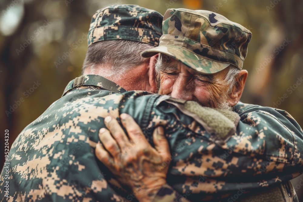 Fototapeta premium Heartfelt Veteran Embrace Symbolizing Military Bonds at Reunion, Ideal for Commemorative Print or Poster