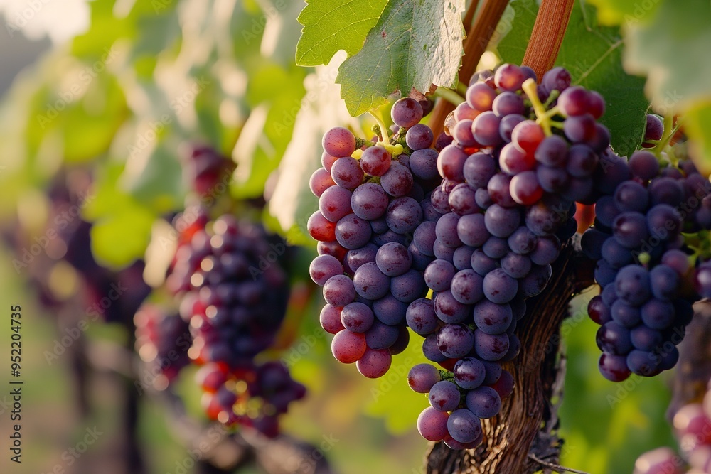 Clusters of Pinot Noir grapes hang on the vine in an Oregon vineyard to one side with soft blurred background. generative ai Clusters of Pinot Noir grapes hang on the vine in an Oregon vineyard to one side with soft blurred background. generative ai