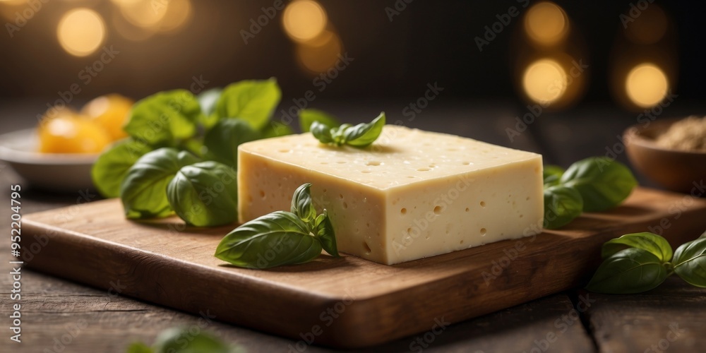 Block of cheese on a wooden board with fresh basil leaves. Block of cheese on a wooden board with fresh basil leaves.