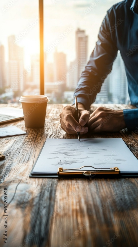 A professional man writes in a notebook with a coffee cup, overlooking a city skyline at sunset. Ideal for business themes. A professional man writes in a notebook with a coffee cup, overlooking a city skyline at sunset. Ideal for business themes.