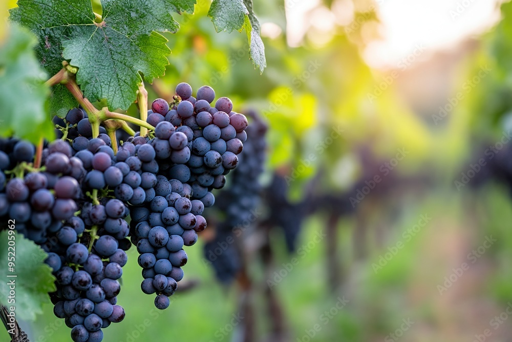 Clusters of Pinot Noir grapes hang on the vine in an Oregon vineyard to one side with soft blurred background. generative ai Clusters of Pinot Noir grapes hang on the vine in an Oregon vineyard to one side with soft blurred background. generative ai